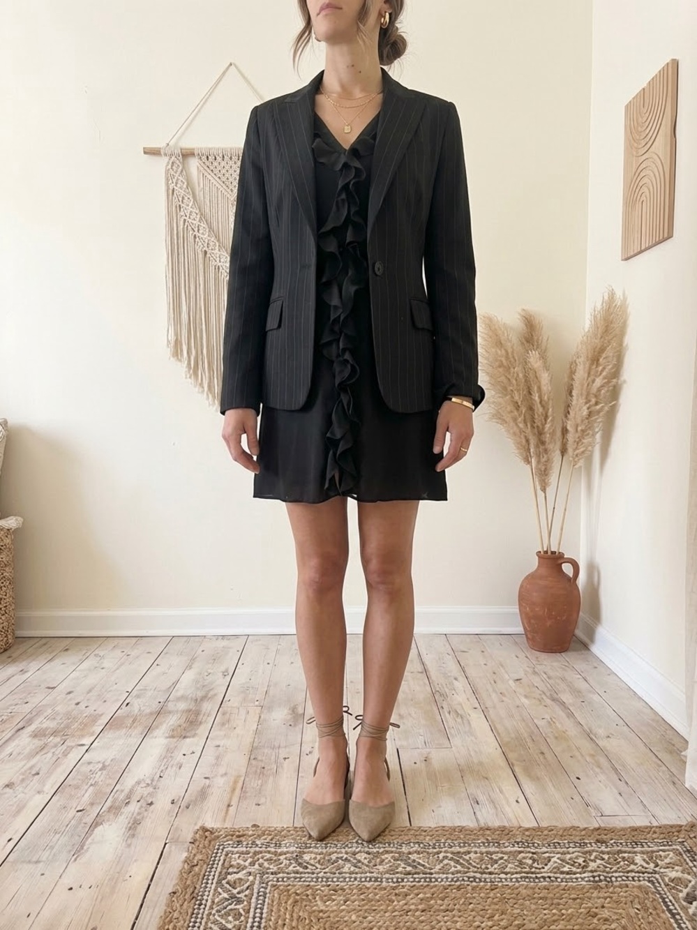 H&M Black Pinstripe Single-Button Blazer - Size 6